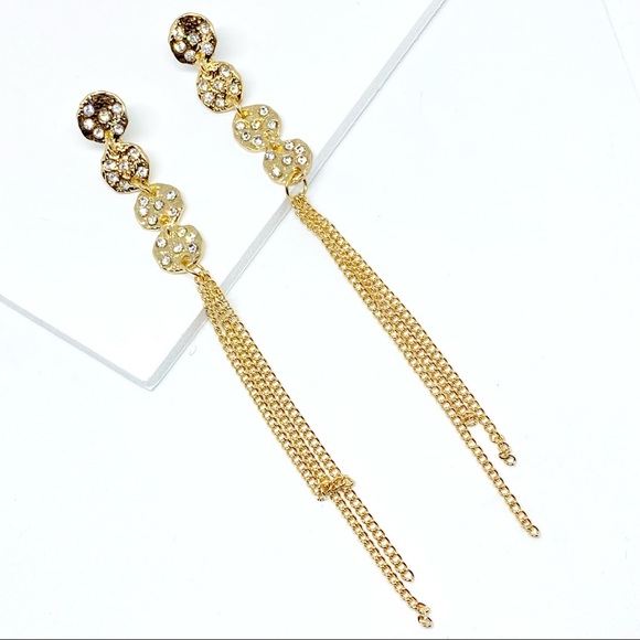 Anthropologie Gold Plated Long Fringed Crystal Chain Drop Earrings - Picture 12 of 12